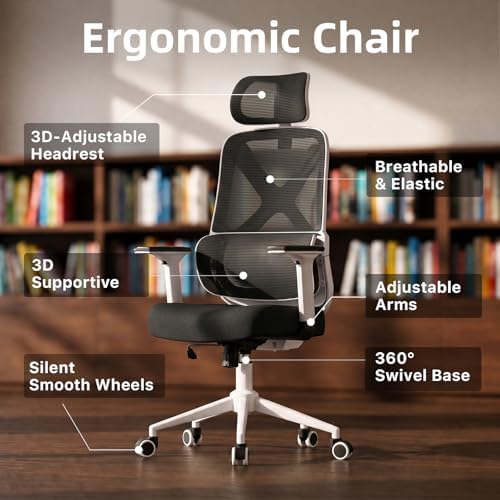 Mesh Ergonomic Office Chair with Lifting Armrests Home Office Desk Chair with Headrest and Backrest 90-150 Adjustable for Home, Office, Gaming, Student（White+Black）