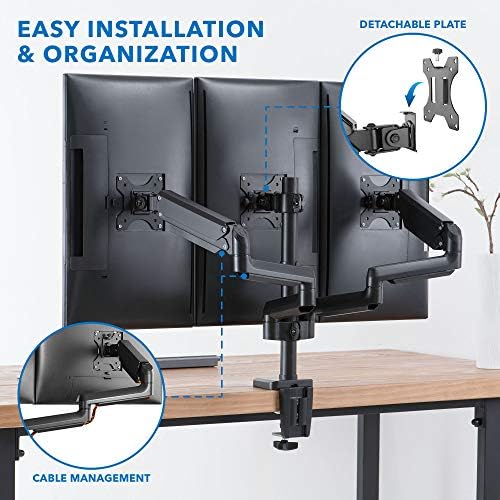 Mount-It! Triple Monitor Desk Mount with Full Motion Arms, 3 Monitor Riser with Gas Spring Arms for 27" Max Computer Screens, Sturdy Dual Clamp Base, Black