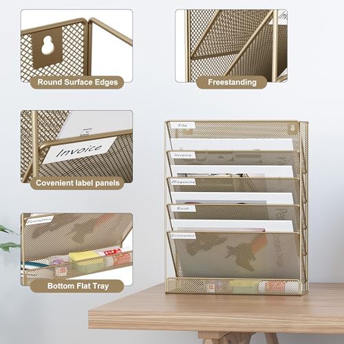 EasyPAG 5 Tier Wall File Holder, Mesh Hanging Folder Organizer with Classify Label, Versatile Desk File Holder, Vertical Wall Mounted Mail Organizer for Office Home Cubicle, Gold