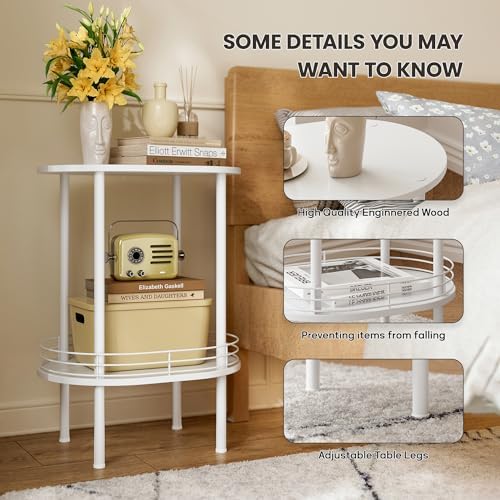 Small Oval Side Table with Storage, 2-Tier White End Table for Small Space