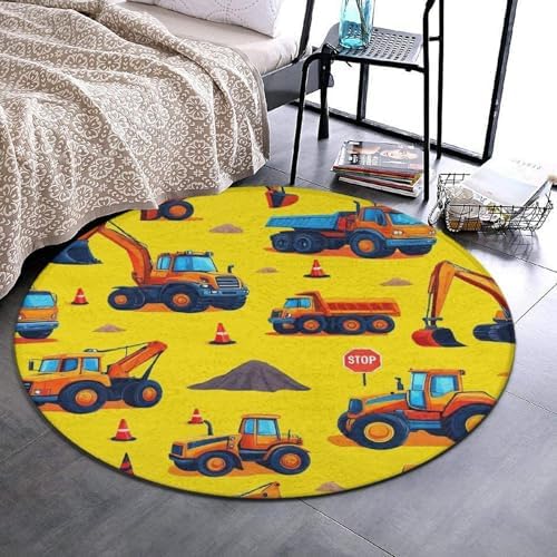 Large Home Decor Mat, Soft Round Yoga Carpet, Non Slip Machine Washable Home Office Circle Rug Cute Yellow Truck Construction