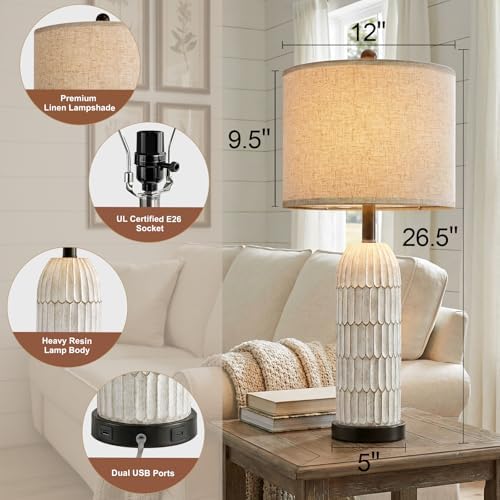 OYEARS 26.5" Bedside Table Lamps Set of 2, Farmhouse Table Lamp with USB A+C Charging Ports,Vintage Nightstand Lamp for Bedrooms and Living Rooms, Retro Resin End Table Lamp with Linen Shade,Black