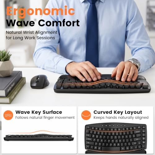 SABLUTE Wireless Ergonomic Keyboard and Mouse Combo, Wave Key Layout, Black