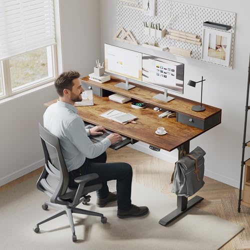 Klicelor 48 x 24 Inch Electric Standing Desk with Drawers and Keyboardtray, Adjustable Height Small Sit Stand Desk for Home Office, Compact Computer Workstation with Storage- Rustic Brown