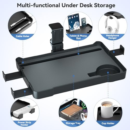KDD Under Desk Organizer - 360° Rotating Clamp-On Tray with Headphone Hook, Phone & Tablet Holder, Cup Holder, and Cable Management - No Drilling Desk Storage Accessories for Office and Home