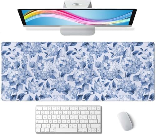 Blue Hydrangea Flowers Large Gaming Mouse Pad Keyboard Desk Pad Extended Mouse Pad Gaming Office Decor, PC Laptop Mouse Pads Large (31.5x151.8 in) with Stitched Edges Non-Slip Base Mousepad XL