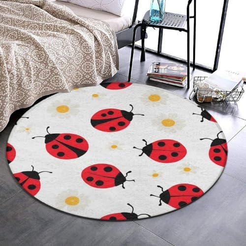 Large Home Decor Mat, Soft Round Yoga Carpet, Non Slip Machine Washable Home Office Circle Rug Red Cartoon Ladybug Pattern