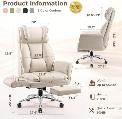 Big and Tall Office Chair, Flip Armrests for Pets & Cross Legged Sitting, Ergonomic Leather Executive Desk Chair with Foot Rest, High-Back Reclining Computer Chairs for Home Office Gaming, Beige