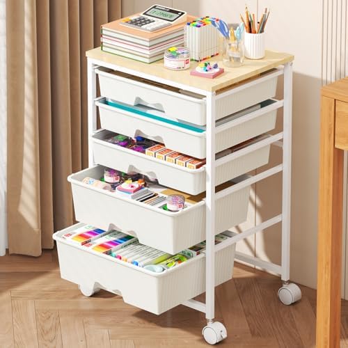 Goovilla Rolling Cart with 5 Drawers for Craft, Art, Dorm, Office, White