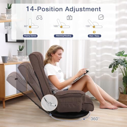 Linen Fabric Ergonomic Gaming Chair, 6-Position Reclining Sofa Bed with Lumbar Support, Foldable Floor Lounger with Thick Cushion, Armrests & Side Pockets for Esports, Reading, Napping (Brown)