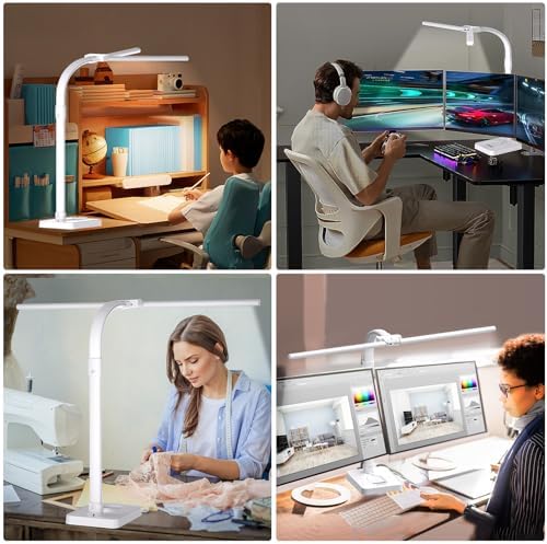 AKRRYR Led Desk Lamp for Home Office,24W Bright Eye-Caring Desk Light with Base,5 Brightness and 5 temperatures Dimmable Workbench Task Light, Adjustable Gooseneck Table Lamp for Monitor(White)