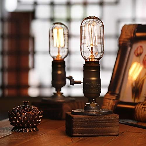 Industrial Steampunk Desk Lamp,Vintage Steam Punk Piping Table Top Lamp,Antique E26 Small Edison Bulb Iron Retro Lamps with Minimalist Loft Style Accent Wood Base for Bedside,Café,Bar,Pub,etc