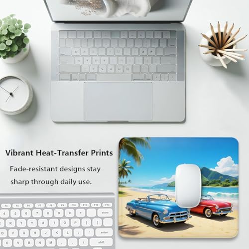 Classic Red & Blue Cars Mouse Pad, Tropical Hawaii Beach Scene Desk Mat