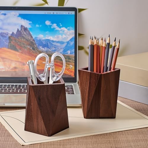Henoyso 2 Pcs Wood Pen Holder for Desk Wooden Pencil Cups, Black Walnut