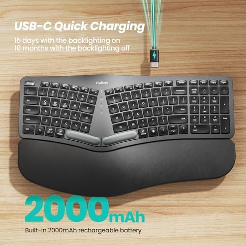 Nulea RT05 Wireless Ergonomic Keyboard, Split Keyboard with Wrist Rest, USB-C Charging, 7-Color Backlight, Natural Typing, Bluetooth and USB Connectivity, Compatible with Windows,Mac