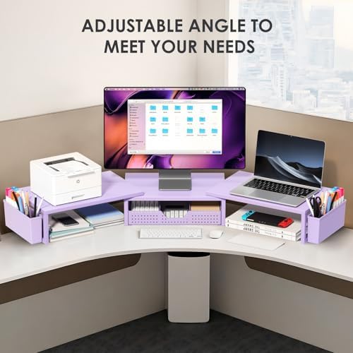 OPNICE Desk Organizers and Accessories, Dual Monitor Stand Riser with Drawer and 2 Pen Holders, Desk Shelf Printer Stand for Office Workspace Organizers, Desktop Organization (Purple)