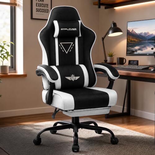 GTPLAYER Video Gaming Chair Fabric, Ergonomic Computer Chair with Footrest and Pocket Spring Cushion, Height Adjustable Video Gamer Chair with Lumbar Support for Adults, White