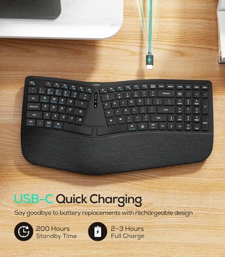 Nulea RT07B Wireless Ergonomic Keyboard - Split Keyboard, Wrist Rest, Natural Typing, Bluetooth and USB Connectivity, USB-C Rechargeable,Compatible with Windows Mac (Silver White)
