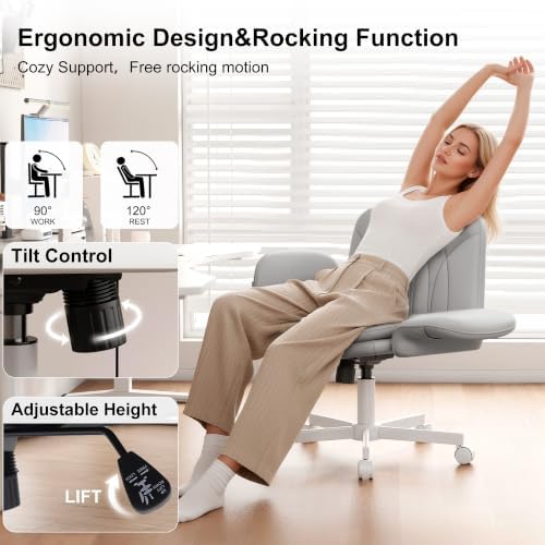 Misolant Criss Cross Chair with Armrests & Wheels for Cross-Legged Sitting, Comfortable PU Leather Vanity Chair, Office Desk Chairs with Adjustable Rocking Function, for Home, Bedroom Gray