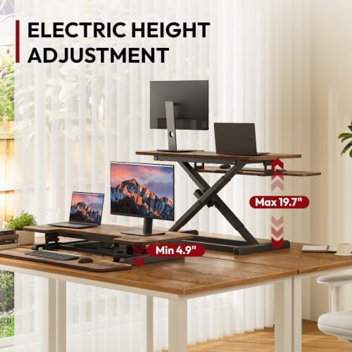 SANODESK Standing Desk Converter with Electric Motor 35" Height Adjustable Desk Riser for Office Home,Monitor and Laptop Workstation with Large Keyboard Tray, Rustic Color