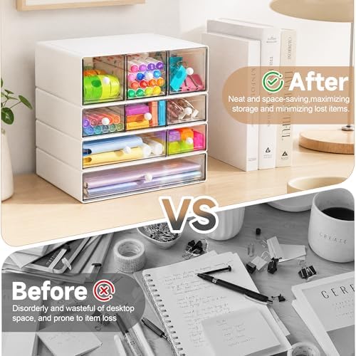 Desk Organizer with 9 Drawers, 4 Tiers Stackable Storage Drawers, Desktop Storage Box with Clear Drawers for Stationery, Makeup, Jewelry, Office and Craft Supplies (White)