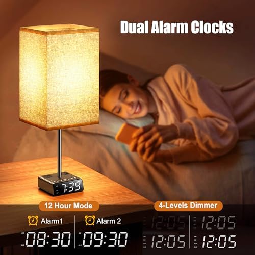 Touch Control Nightstand Light,Bedside Lamp with Alarm Clock&Charging Station - 2 Alarm Clock+ 2AC + 1USB-A + 1USB-C,Lamps with USB Ports and Outlets,3-Level Dimmable Touch Lamp