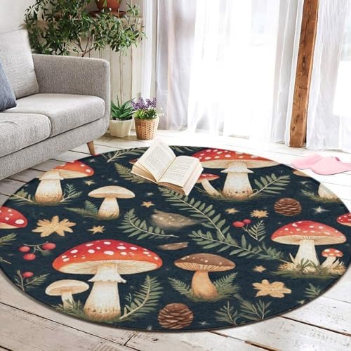 Large Home Decor Mat, Soft Round Yoga Carpet, Non Slip Machine Washable Home Office Circle Rug Mushrooms