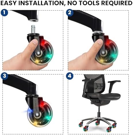 Office Chair Wheels - Set of 5 Rollerblade-Style Caster Wheels, Smooth & Quiet Rolling, Protects Hardwood Floors & Carpets, Universal Fit, Durable and Long-Lasting - Multicolor