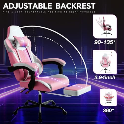 Gaming Chair with Footrest, High Back Gaming Chairs PVC Leather Ergonomic Gamer Chair with Adjustable Headrest Lumbar Support Racing Style Video Gaming Chair for Office/Home (Pink)