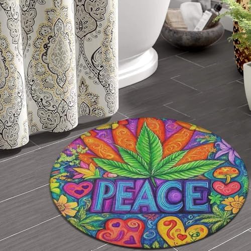 Machine Washable Modern Round Area Rug, Room Sofa Yoga Soft Round Carpet, Home Decor Non Slip Kitchen Office Circle Rug Peace and Love Colorful Flower Weed Leaf, 24inch