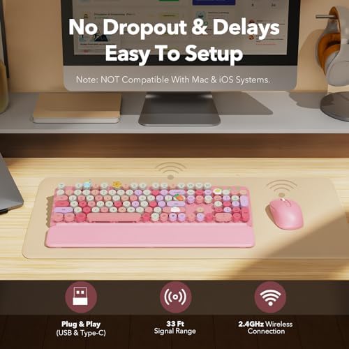 Wireless Keyboard and Mouse Combo, Round Keycaps, Magnetic Wrist Rest, Pink