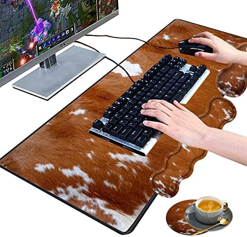 Large Gaming Mouse Pad, Keyboard Wrist Rest pad + Mouse Wrist pad + Coaster Set Extended Waterproof Non-Slip Table mat Suitable for Home Office Learning Games - Cowhide Leopard Brown Cow