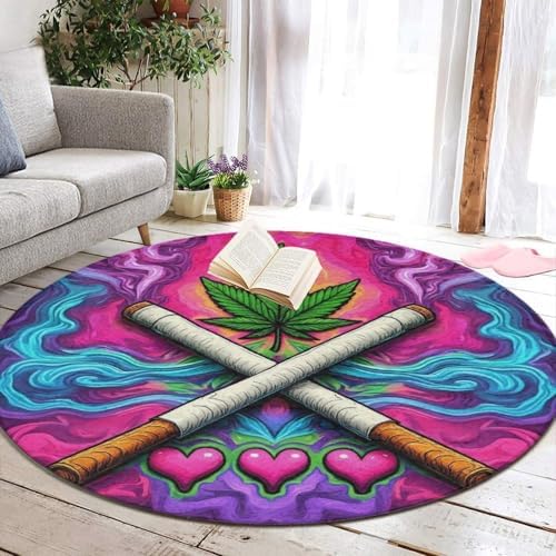 Home Decor Non Slip Kitchen Office Circle Rug, Machine Washable Modern Round Area Rug, Room Sofa Yoga Soft Round Carpet Trippy Love Weed Art, 24inch
