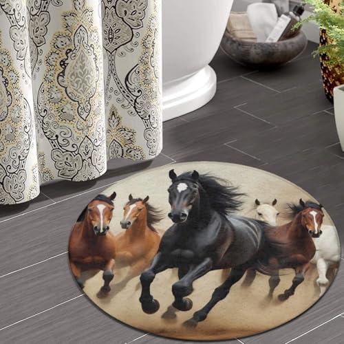 Fashion Round Area Rug Large Non Slip Carpet, Running Horses Animal Theme Horse Unisex Home Decor Mat