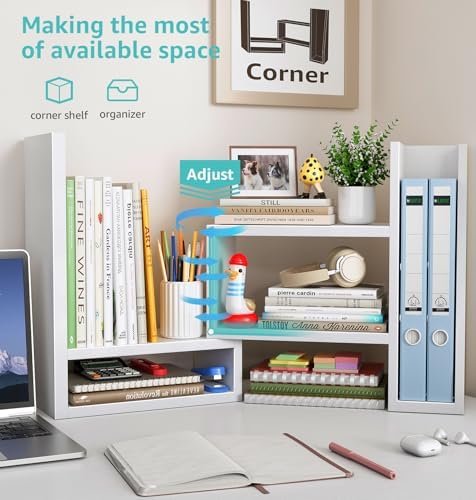 Desktop File Organizer Desk Organizer Shelf - White Office Organization Shelves for Top of Desk Organizers and Accessories Corner Bookshelf Table Top Shelving Small Hutch Decorations for Women Office