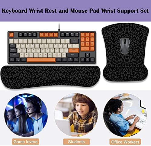 Keyboard Wrist Rest Pad and Ergonomic Mouse Pad Wrist Rest (with Coaster) Set, Non-Slip Base & with Memory Foam for Easy Typing and Wrist Pain Relief - Black Leopard Print