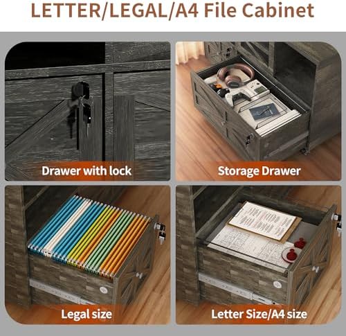 2 Drawer Farmhouse File Cabinet with Lock, Mobile Lateral Filing Cabinet for Letter/Legal/A4 Size, Open Storage Adjustable Shelf for Home Office Cabinets, Gray