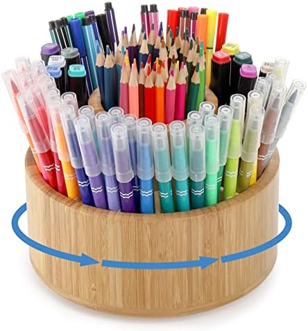 SOUJOY Bamboo Pen Holder Organizer, 360°Rotating Art Supply Organizer with 11 Compartments, Color Pencil Storage Caddy, Hold 200+ Pencils, Office Desk Stand Box for Marker Pens, Pencil, Art Brushes
