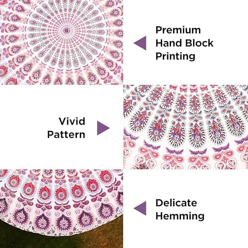 raajsee White Pink Round Beach Tapestry Hippie/Boho Beach Blanket Mandala/Indian Cotton Throw - Round Tablecloth/Home Decor/Indie Rug Yoga Mat Meditation Picnic Rugs 127 CM / 50 INCHE Circle