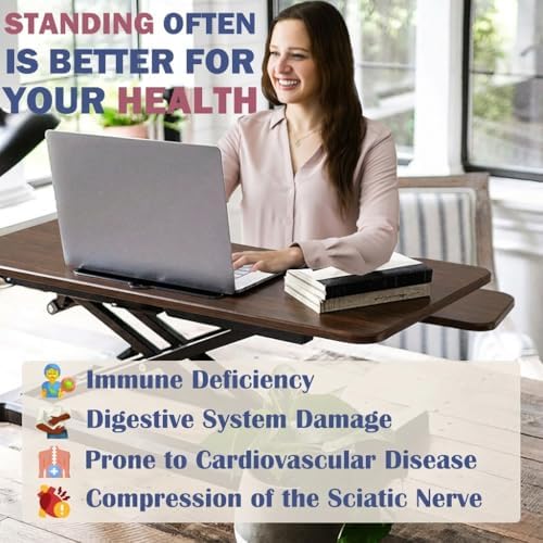 32 Inch Height Adjustable Stand Up Desk Riser, Heavy Duty Computer Workstation with Removable Keyboard Tray - Ergonomic Design for Home Office Workshop Gaming, Spacious Platform(Walnut)