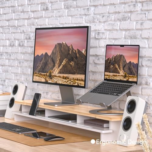 42.5" Dual Monitor Stand Riser with Phone Holder Desk Shelf White