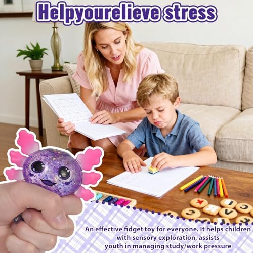 Axolotl Squishy Toy, Cute Slow Rising Fidget Toy for Stress Relief, Soft Squeeze Sensory Toy for Kids and Adults, Handheld Stress Ball for Anxiety and Focus Big Ears Axolotl(Purple)