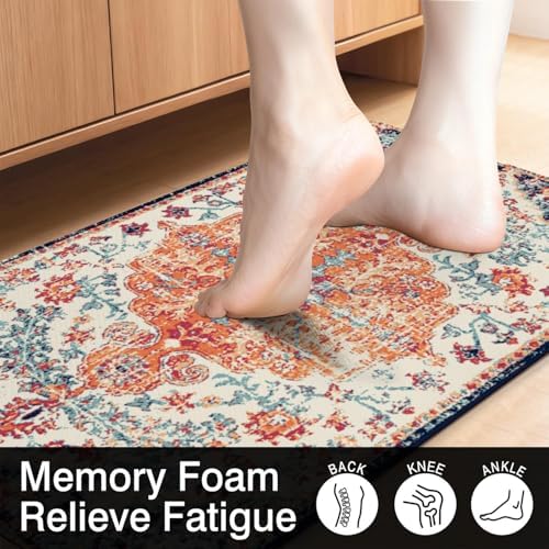 Boho Anti Fatigue Kitchen Mat, Orange, 17"x47"+17"x29"