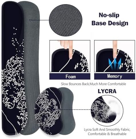 ToLuLu Extended Gaming Mouse Pad, Memory Foam Ergonomic Keyboard Mouse Wrist Rest Support Set, Large Desk Mat with Stitched Edges, Non-Slip Base Mousepad for Home Office Game, Black Wave of Kanagawa
