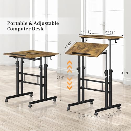 Enayplon Small Standing Desk with Wheels, Mobile Stand Up Desk, Portable Standing Table on Wheels for Walking Pad, Rolling Computer Desk Adjustable Height, Tall Table