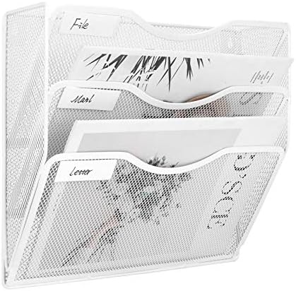EasyPAG 3 Pocket Mesh Wall File Organizer, Hanging Paper Folder Holder with Classify Label, Vertical Wall Mount Mail Organizer for Office Home Classroom, White