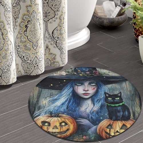 Large Round Area Rug Home Decor Modern Bathroom Rug Kitchen Office Circle Rug for Living Room Sofa Circle Cute Mat Halloween Pumpkin Black Cat Magic Witch Painting, 60inch