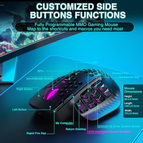 SOLAKAKA SM809 Pro MMO Gaming Mouse with 9 Side Buttons,24000 DPI RGB Mouse for Gamer,16 Programmable Macros MMO Mouse,Black
