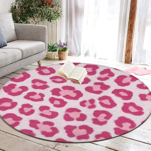 Fashion Round Area Rug Large Non Slip Carpet, Pink Leopard Print Unisex Home Decor Mat