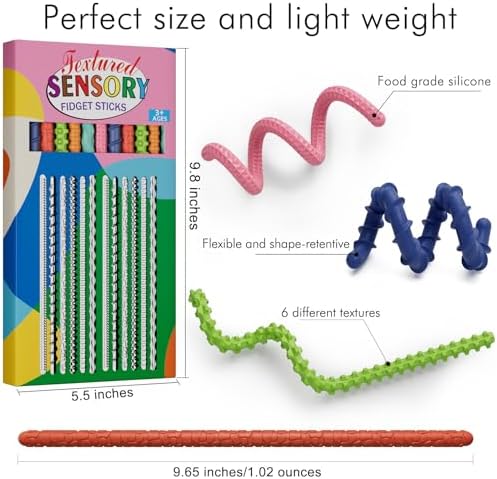 Sensory Fidget Toys for Kids Adults,12PCS Flexible Fidget Sticks for Stress Anxiety Autistic ADHD, Calm Down Travel Airplane Classroom Students Prizes Toys, Stocking Stuffers for Teens Boys Girls